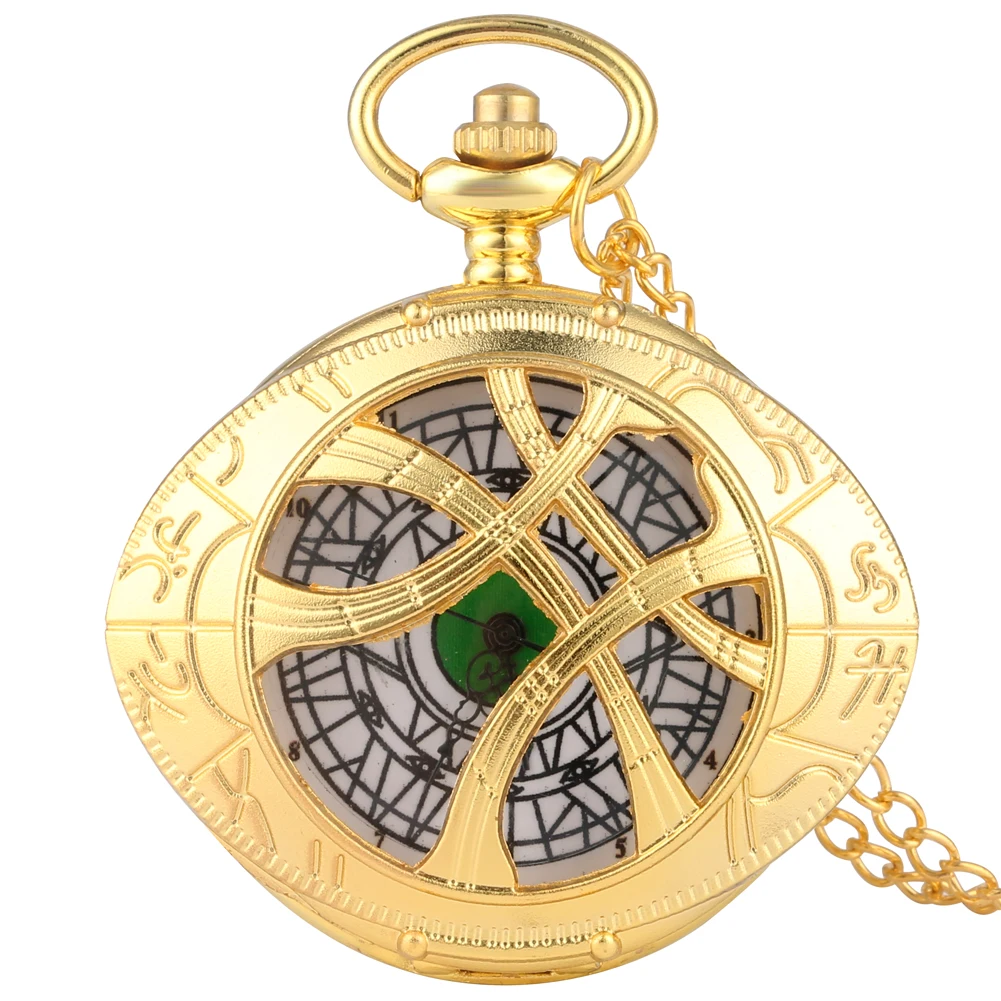 gold 80cm chain Bronze Doctor Strange Theme Eye Shape Case Quartz Pocket Watch Unisex Arabic Numerals Dial Necklace Fob Chain Clock Gift Reloj - Цвет: gold 80cm chain