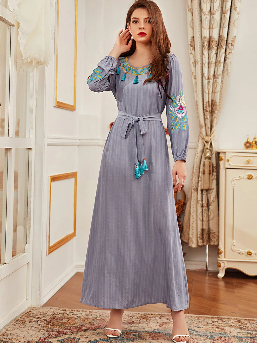 Abaya Дубай Турция мусульманское платье вышивка серые арабские макси платья для женской одежды мусульманская тюрбана