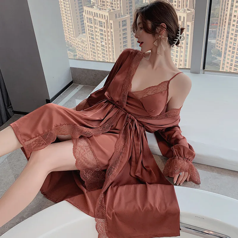 

Vintage Nightgown with Chest Pad Silk Lace Sexy Sling Nightdress Two-Piece Set Beautiful French Satin Robe Solid Pajamas Summer