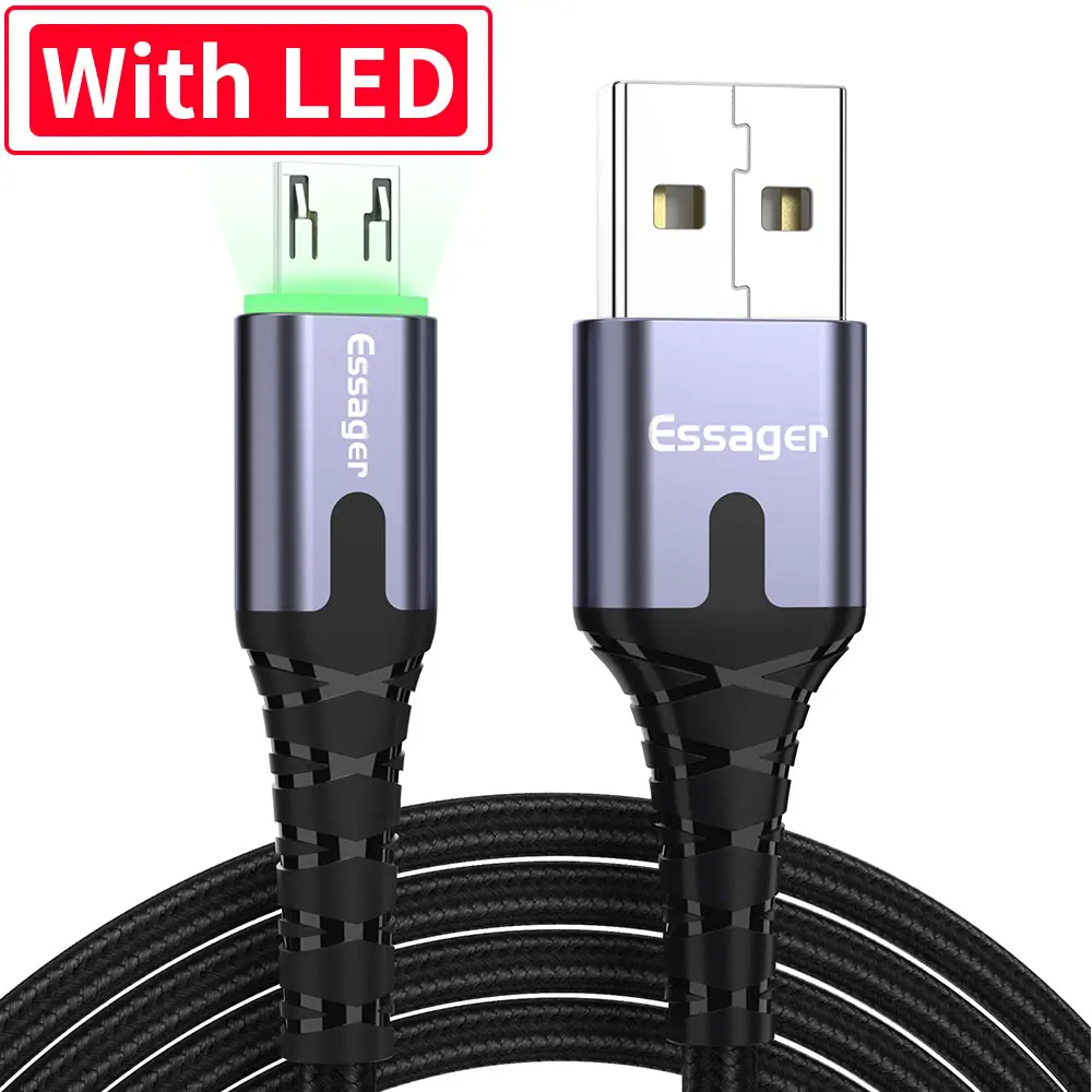 With LED Dark Grey Essager светодиодный Micro USB кабель для быстрой зарядки и передачи данных провод шнур 2m 3M USB зарядное устройство через Micro USB кабель для samsung Xiaomi LG Android мобильного телефона - Цвет: With LED Dark Grey