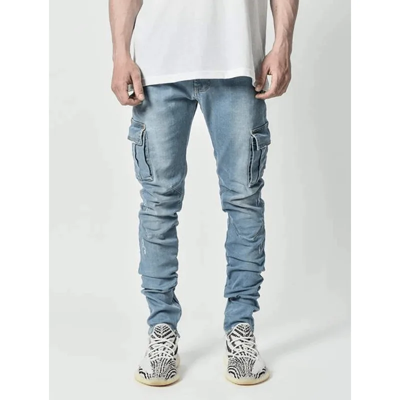 

Men's Fashion Jeans Casual Slim-fit Side Pockets Small Feet Tight Denim Trousers European and American Style Men's Sports Pants