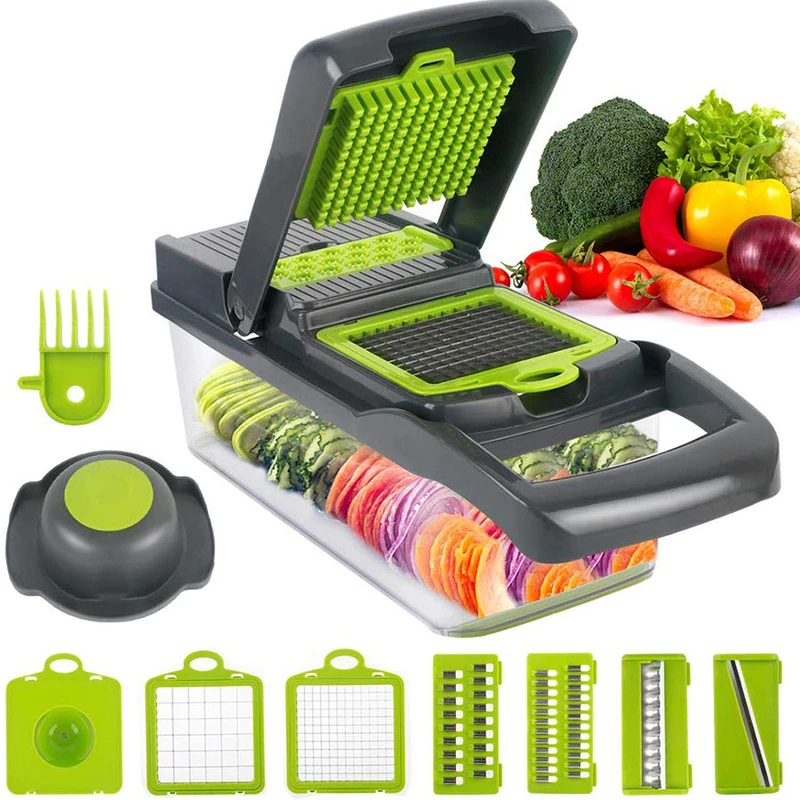 

Multislicer 8 in1 Fruit Slicer Grater Vegetables Cutter Grater with Container Shredders Drain Basket Gadgets Kitchen Accessories