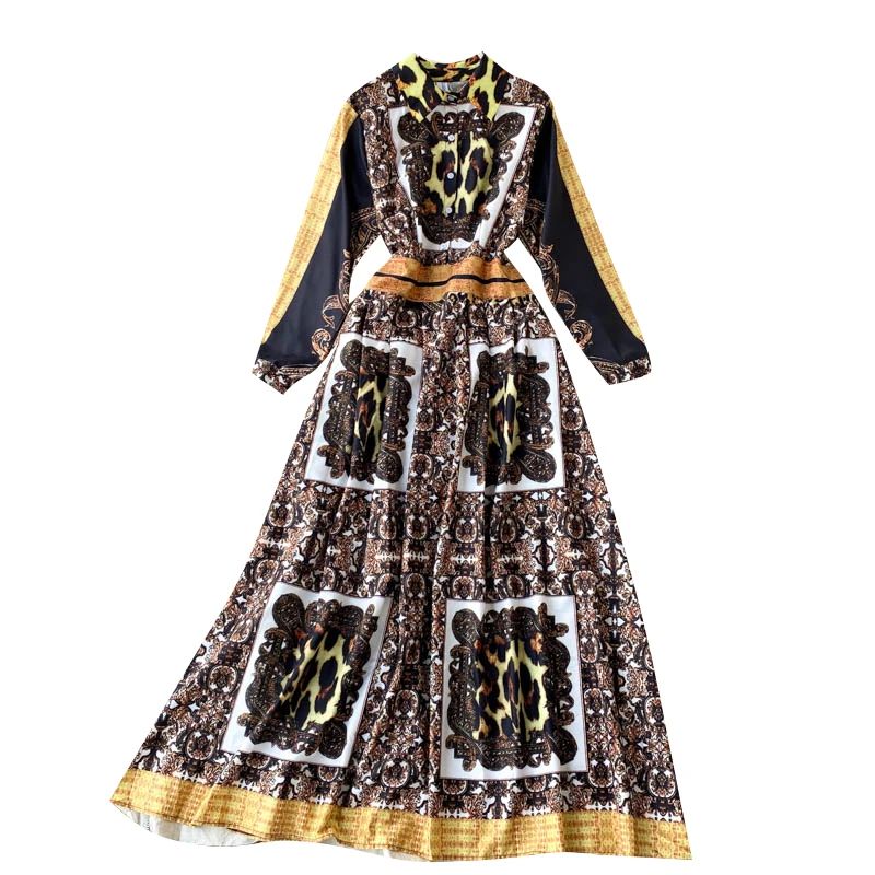 

Women Autumn New Dress Bohemian Printed Turn-down Collar Long Sleeve Nipped Waist European Retro Dress Female Vestidos GK445