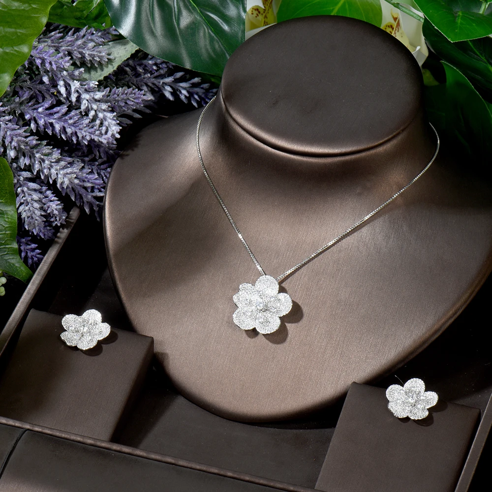 

HIBRIDE Charm Flower Earring Necklace Sets Women Party Small Link Chain Jewelry Set parure bijoux N-564