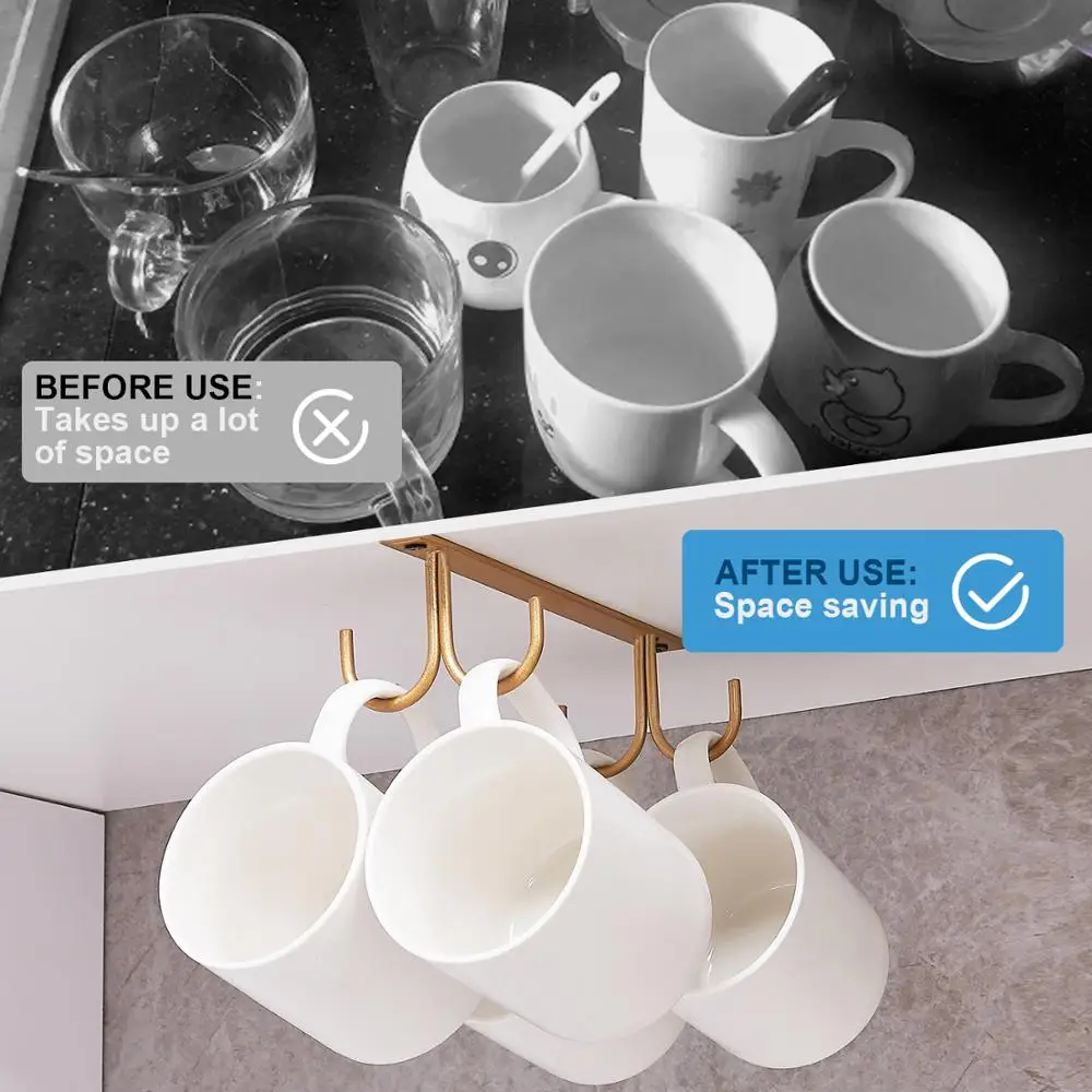 Mug Rack Under Cabinet - Coffee Cup Holder 12 Mugs Hooks Shelf Display Hanging Cups Drying Hook for Bar Kitchen Gold | Мебель