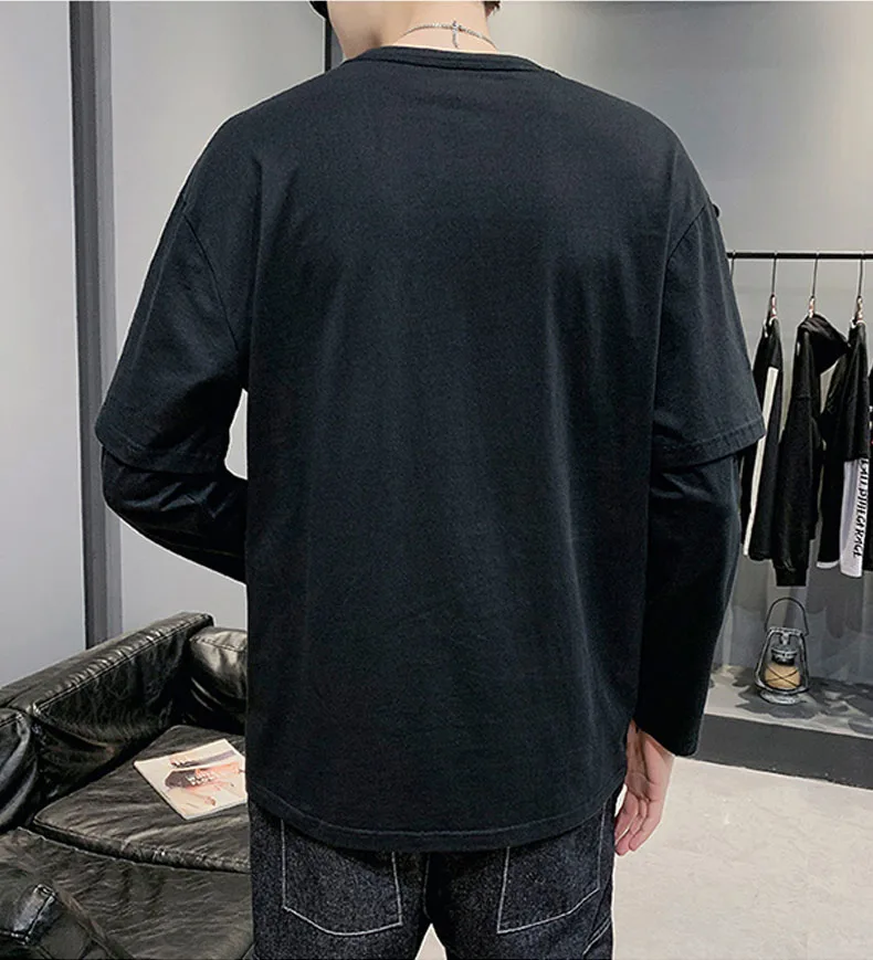 Осень Зима Новая мягкая поддельная футболка с двумя рукавами Мужская Однотонная