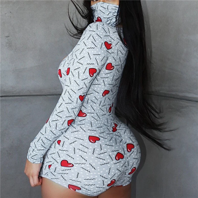 

Spring Autumn Womens Sexy Bodycon Casual Love Heart Print Button Jumpsuit V Neck Long Sleeve Shorts Romper Face Cover Bodysuit
