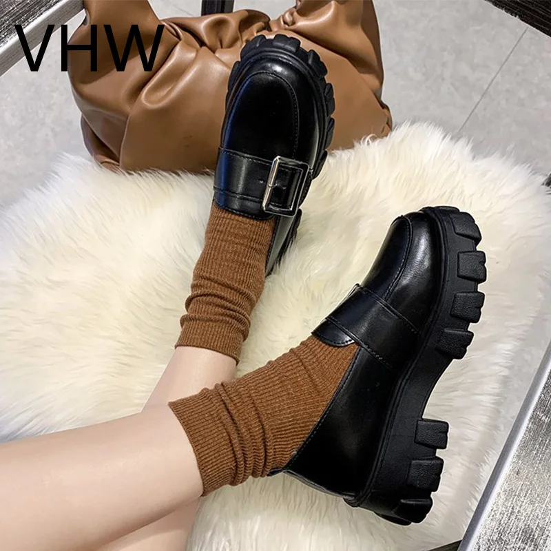

Women Leather Shoes 2021 Summer Platform Shoes Black Matte Vintage Oxfords Shoes High Heels Fashion British Style Classic Shoes