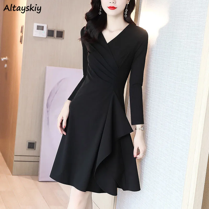 

Women Long Sleeve Dress Ruffles Irregular A-line Black Dresses Mujer Temperament Ladies Slim V-neck Vestidos Knee Length Autumn