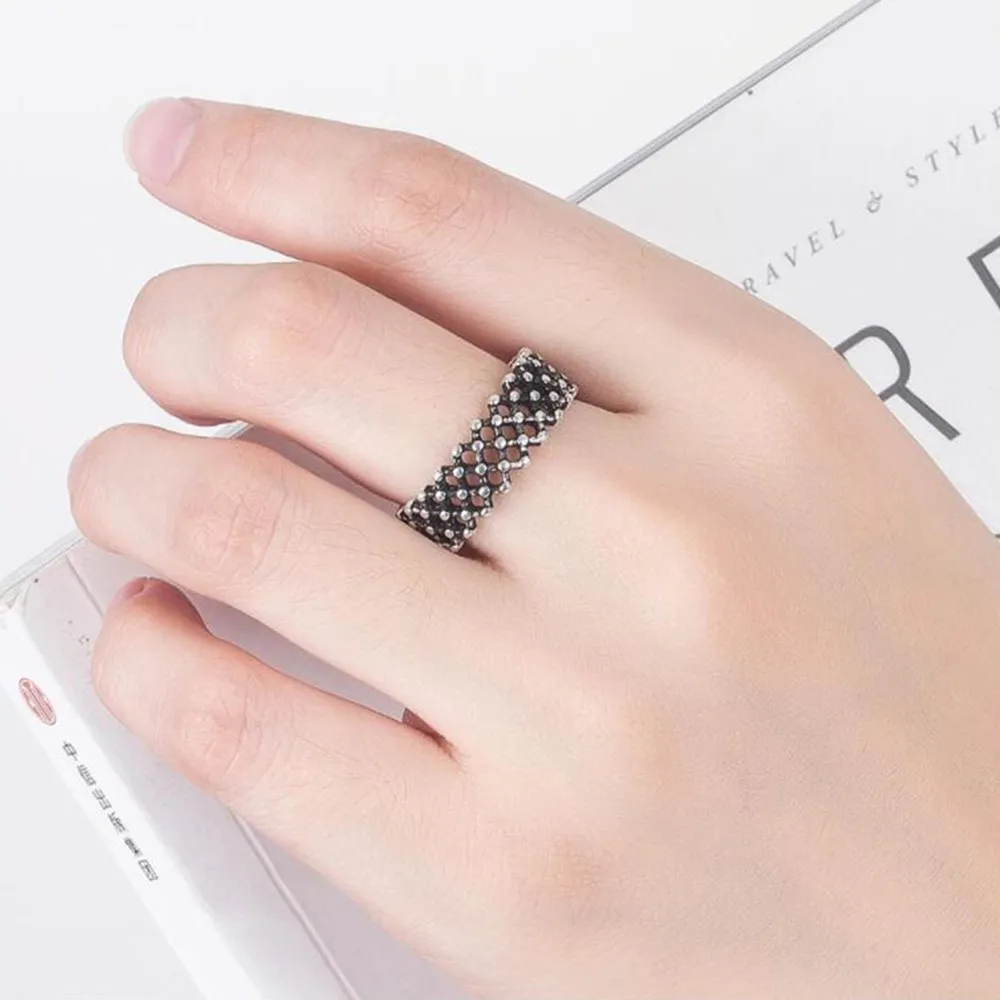 

925 Sterling Silver New Jewelry New Woman Ring Retro Mesh Black Opening Size Adjustable Thai Silver Man Ring