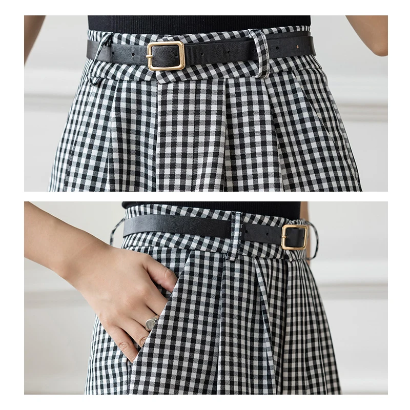 

Shorts Women Summer Black Plaid Loose Wide Leg Shorts Korean style Students Womens Vintage All-match Knee-length Belted Shorts