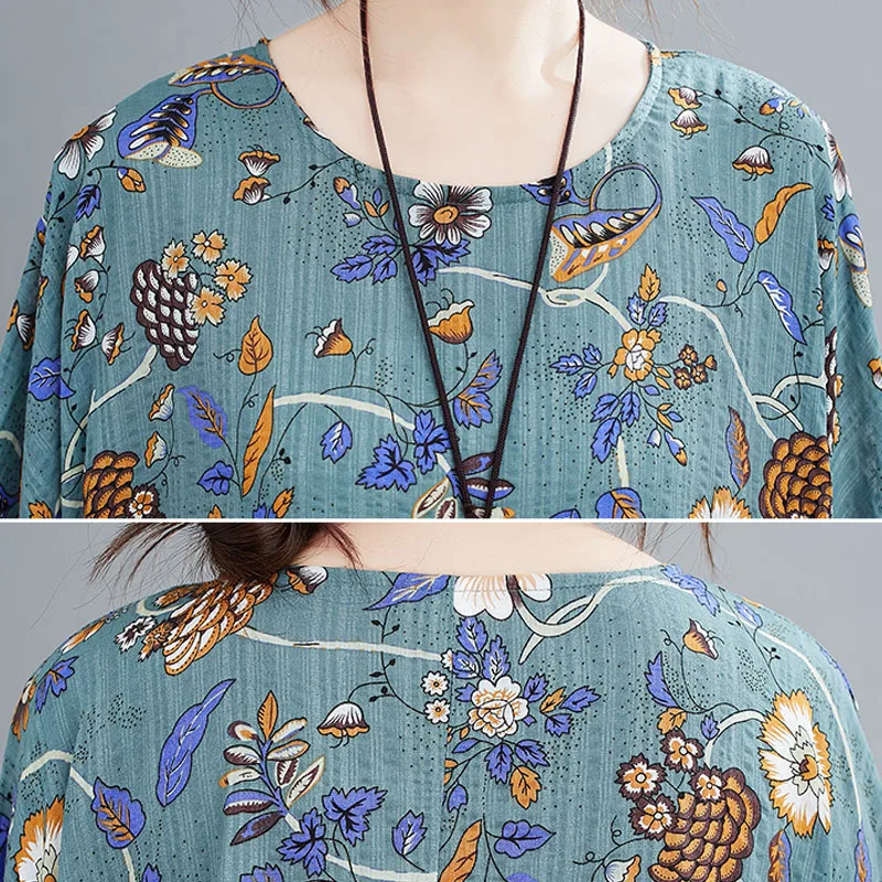 Plus Size Linen Beach Maxi Dresse Vintage Cotton Women Dress Robe Female Floral Printed Boho Summer Dresses 4XL 5XL 6XL | Женская одежда