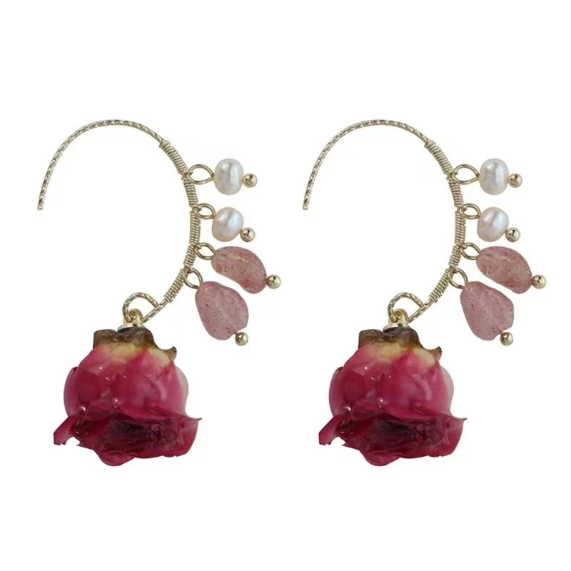 

2021 New Fashionable Rose Drop Earrings Wedding Party Freshwater Pearl Female Earrings