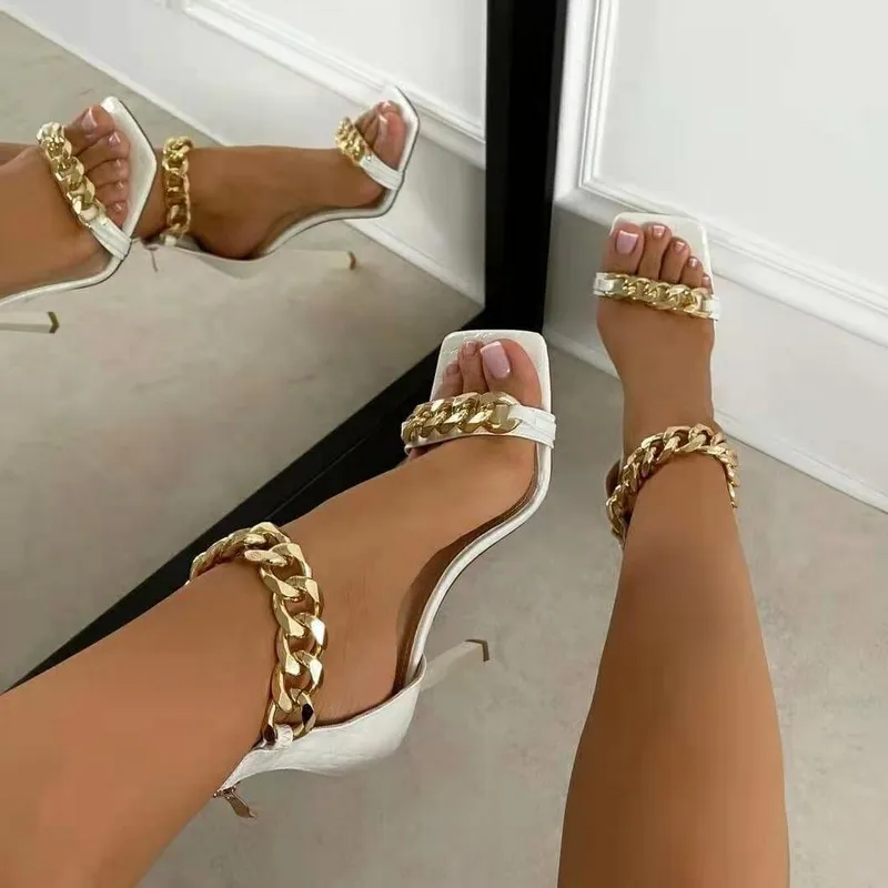 

Thin High Heels Sandals Women Summer New 2021 Pumps Fashion Chain Sandals Shoes Women Slip On Square Toe Sandals Ladies Shoes