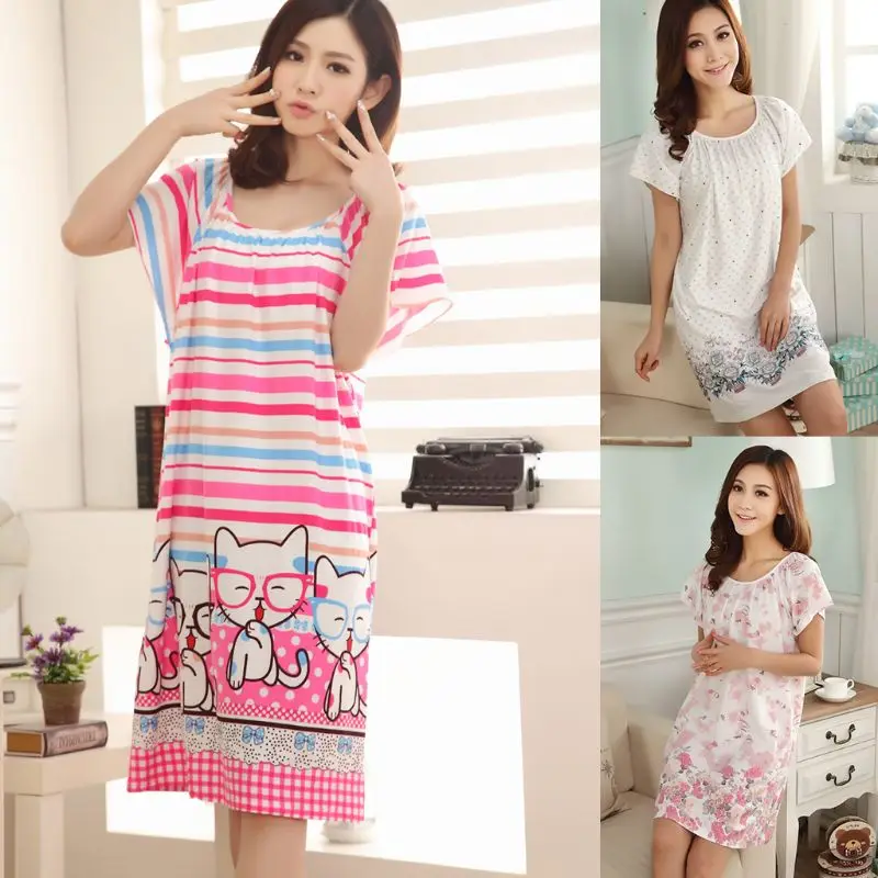 

Women Summer Faux Modal Knee Length Nightdress Short Ruffled Sleeves Boat Neck Sleepwear Cute Colored Cartoon Graphic Loungewear