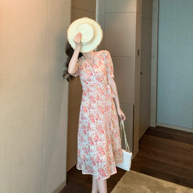 

COIGARSAM Floral Print Women dress New Summer V-Neck Dresses Pink Yellow 1869