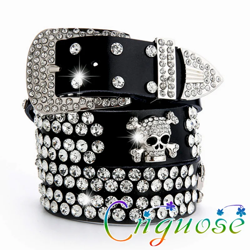2021 Fashion Retro Casual Vintage Punk Style Black Skull Pattern Real Cowhide Rivet Femme Metal Chain Neutral Belt for Womens