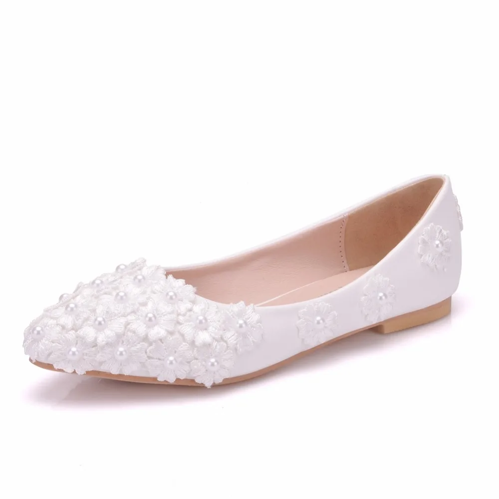 

Ballet Flats Women White Pearl Lace Wedding Slippers Pointed Toe Casual Flat Heel Flats Princess Wedding