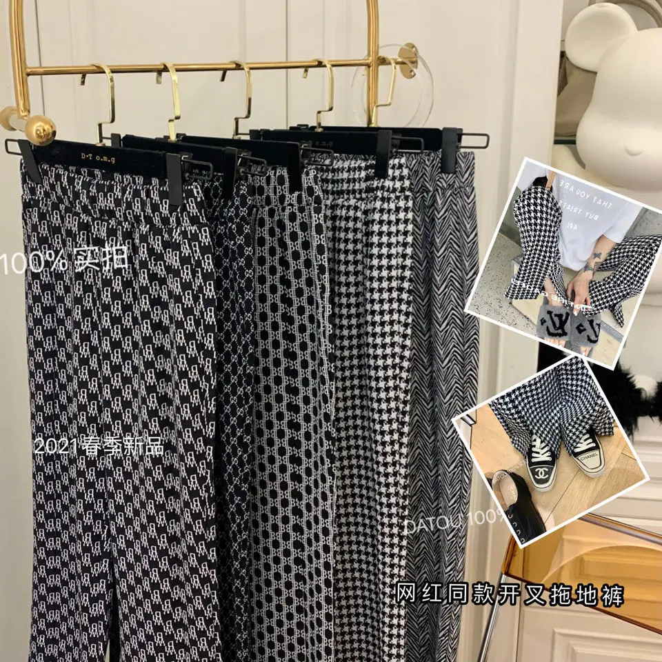 

European Goods 21 Spring We11 Slit Double G Printed Mop Slightly Flared Straight Ultra High Waist Casual Houndstooth Trousers