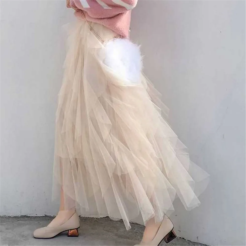 Женская длинная юбка-пачка с высокой талией демисезонная сетчатая Асимметричная