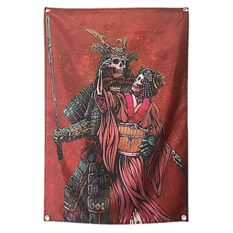 

Skull Samurai Japanese Ukiyo-e Tattoo Banners Tapestry Vintage Poster Bar Cafe Home Decor Hanging Flag 4 Gromments in Corners A