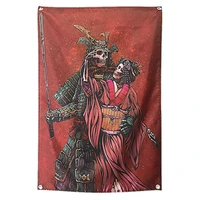 skull samurai japanese ukiyo e tattoo banners tapestry vintage poster bar cafe home decor hanging flag 4 gromments in corners a