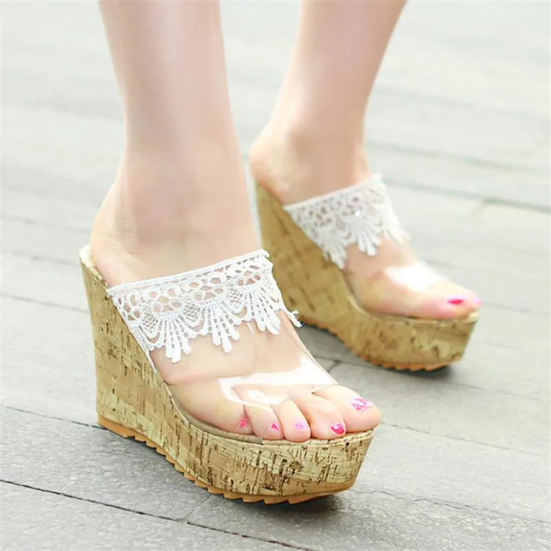 Летние Новые прозрачные женские шлепанцы на высоком каблуке с кристаллами