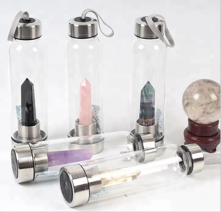 

Crystal Natural Glass Water Bottle Quartz Gemstone Direct Drinking Cup Obelisk Wand Healing Wand Tea Bottle with Rope