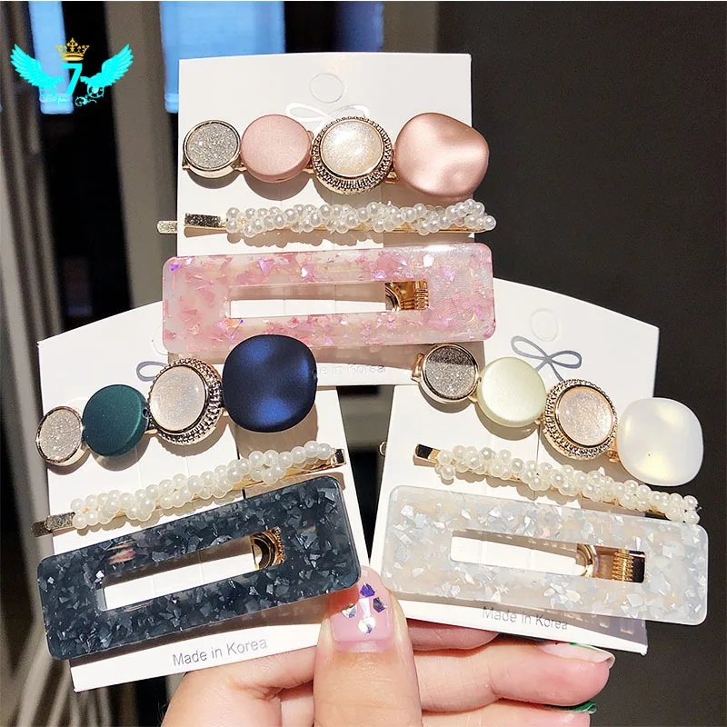 

3 Pcs/Set Simple Macaron Pearl Hair Clip Headdress Women Girl Word Clip Duckbill Clip Hair Accessories TOA