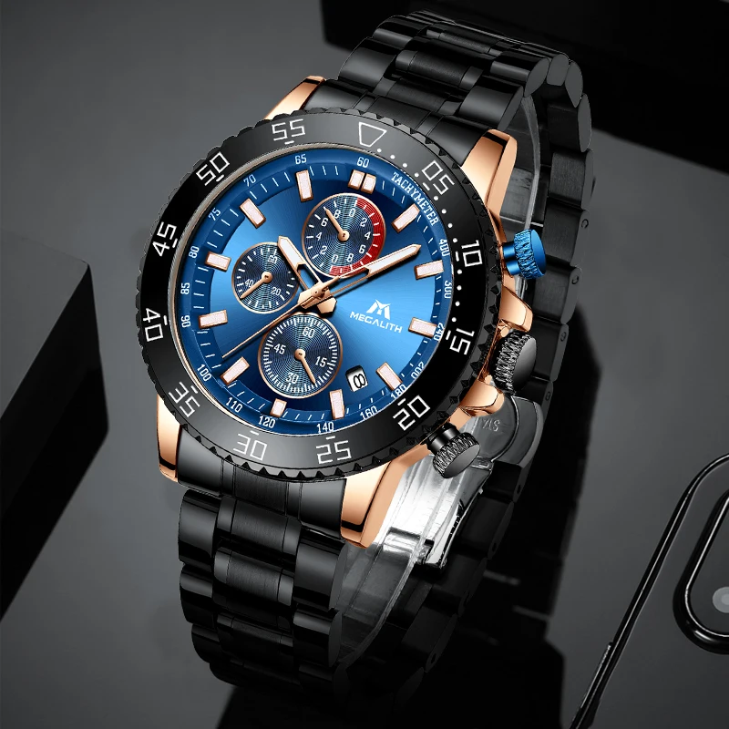 MEGALITH New Stainless Steel Watches Men Waterproof Luminous Quartz Wristwatch Chronograph Clock Male Fashion Sports Watch 8087 | Наручные
