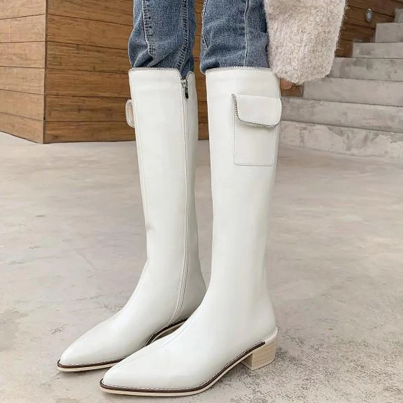 

Женские сапоги до середины икры, с острым носком, на молнии, Осенние, с оригинальным карманом, 2021, повседневные, женские туфли на низком каблу...