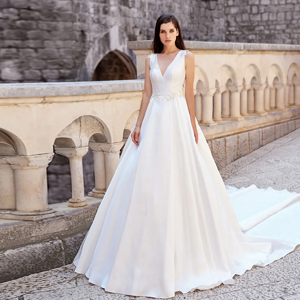

Robes De Mariage Satin A-line Wedding Dress Illusion Back Hochzeitskleid Simple Sukienka Na Wesele Bridal Gowns Abito Da Sposa