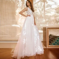 charming scoop sleeveless boho wedding gown appliqued tulle sweep train a line bride dress robe de mairee