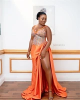 plus size orange prom dresses lace beaded high split sexy evening formal party second reception bridesmid birthday gown