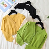 new women button up cropped sweater fall v neck single breasted short cardigan ladies casual open stitch knit crop top