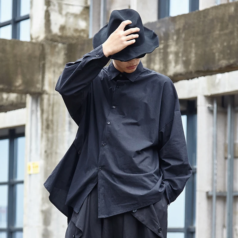 

Men Stage Costumes Button Splice Asymmetry Long Sleeve Loose Casual Shirt Male Japan Streetwear Hip Hop Gothic Dress Shirt