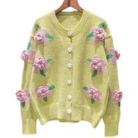 autumn winter tops preppy style womens heavy industry rose embroidery sweater coat female vintage knitwear cardigan jacket