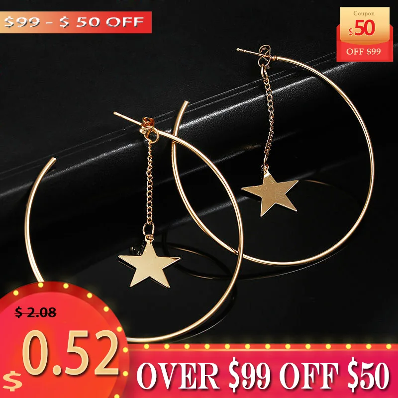 Модные серьги кольца золотые большие круглые подвески со звездой для женщин