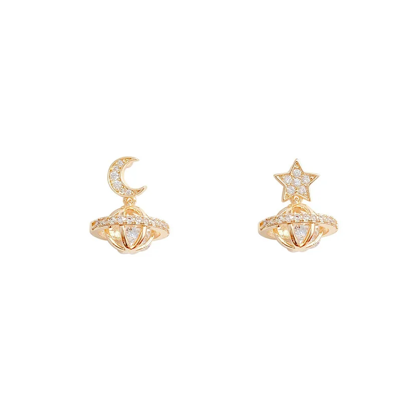 

Design Planet Micro Inlaid Zircon Star Moon Asymmetry Small Female 2021 Trendy at a Loss Earring for Girls European Wedding