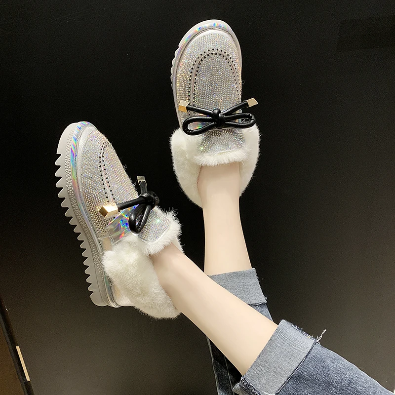 Shiny Glitter Snow Boots Women Fashion Warm Plush Ankle Boots Woman Non Slip Botas Mujer Butterfly-knot Decoration