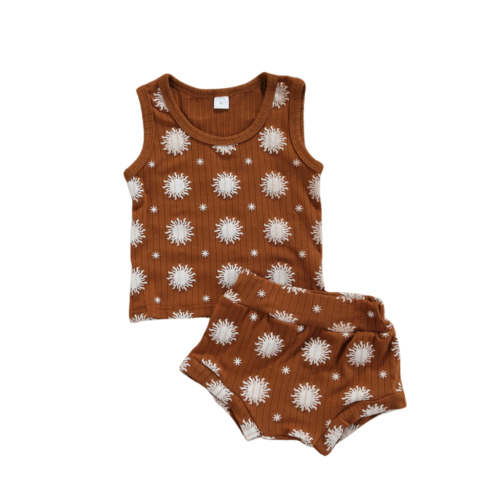 

Pudcoco Babies Casual Two-piece Clothes Set, Printed Pattern Round Collar Sleeveless Tops and Shorts, Brown/ Grey Baby Clothes