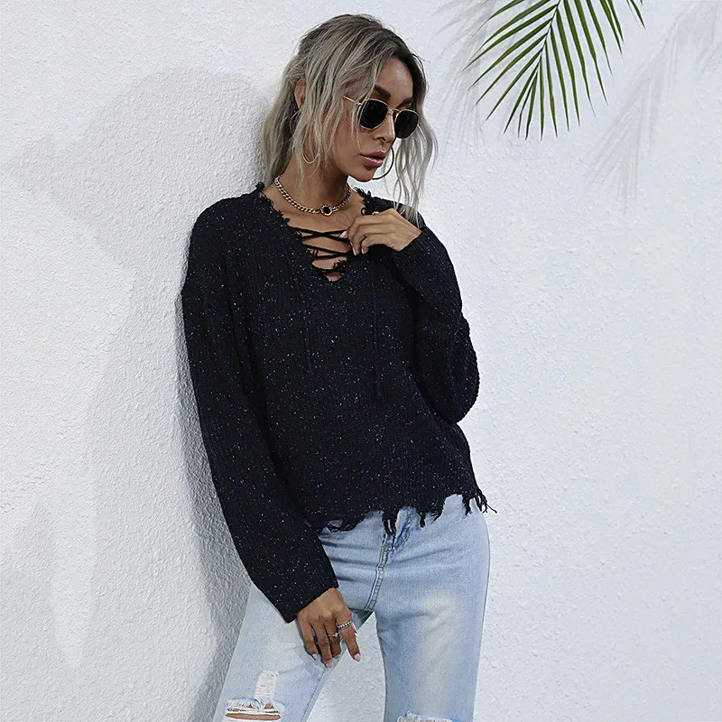 

Color Point Jumper Sweater Women Casual Autumn Winter Full Sleeve V Neck Tassel Pullovers Sweater Tops For Women 2020 New