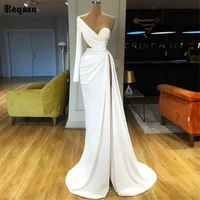 eeqasn ivory matte satin long sleeves evening dresses sexy high slit one shoulder prom dress for women formal party event gowns