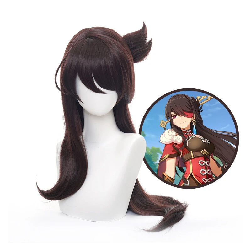 

Game Genshin Impact Cosplay Beidou Wig Removable Bun Brown Long Straight Bangs Heat Resistant Hair Adult Halloween Role Play