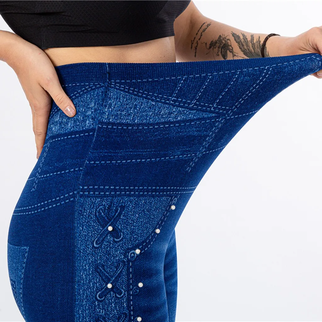 

Leggings Women Imitation Cowboy Plus Size Leggins Bead High Elasticity Legging Slim Cropped Pants