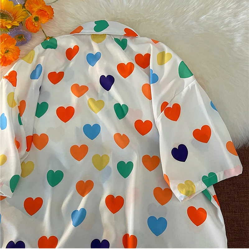 

Summer Colorful And Full Of Love Patterns Loose Casual Hong Kong Style Women's Shirt Small Fresh Cute Short-Sleeved Straight Top