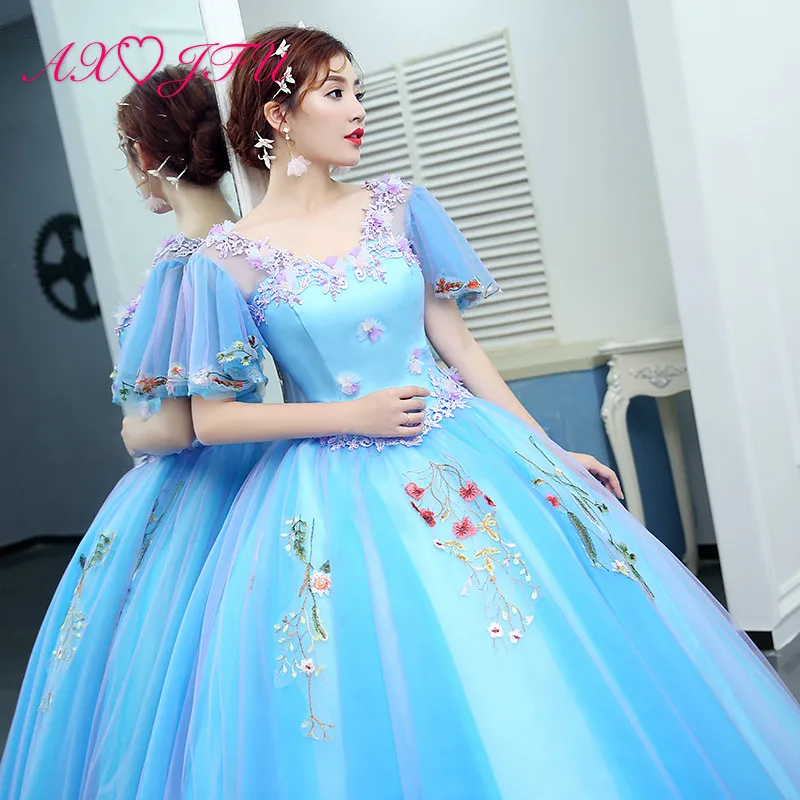 

AXJFU luxury princess sky blue lace host evening dress vintage o neck beading pink flower ball gown bride blue evening dress