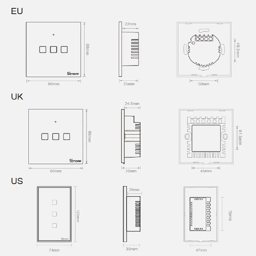 Умный светильник SONOFF T2 EU/US/UK TX, настенный выключатель, панель сенсорного/Wifi/433 mhz/Eweilink/RF/APP, беспроводной пульт дистанционного управления Google Home