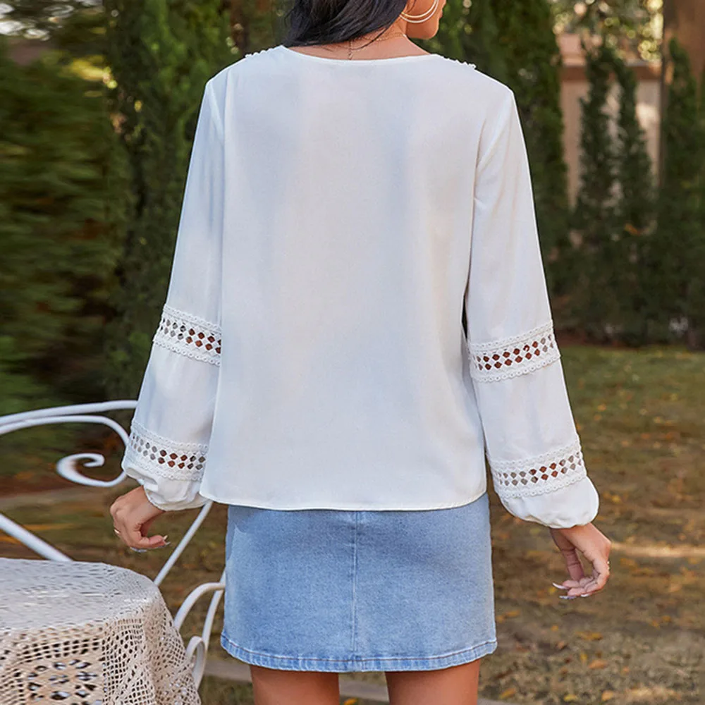 

Western Style Ladies Blouse Spring Autumn Fashion Temperament Loose Casual Simple Hot Sale Hollow Out Puff Sleeve V-neck