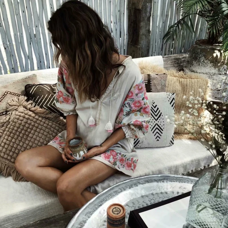 Винтажное шикарное женское пляжное платье с цветочной вышивкой и длинными